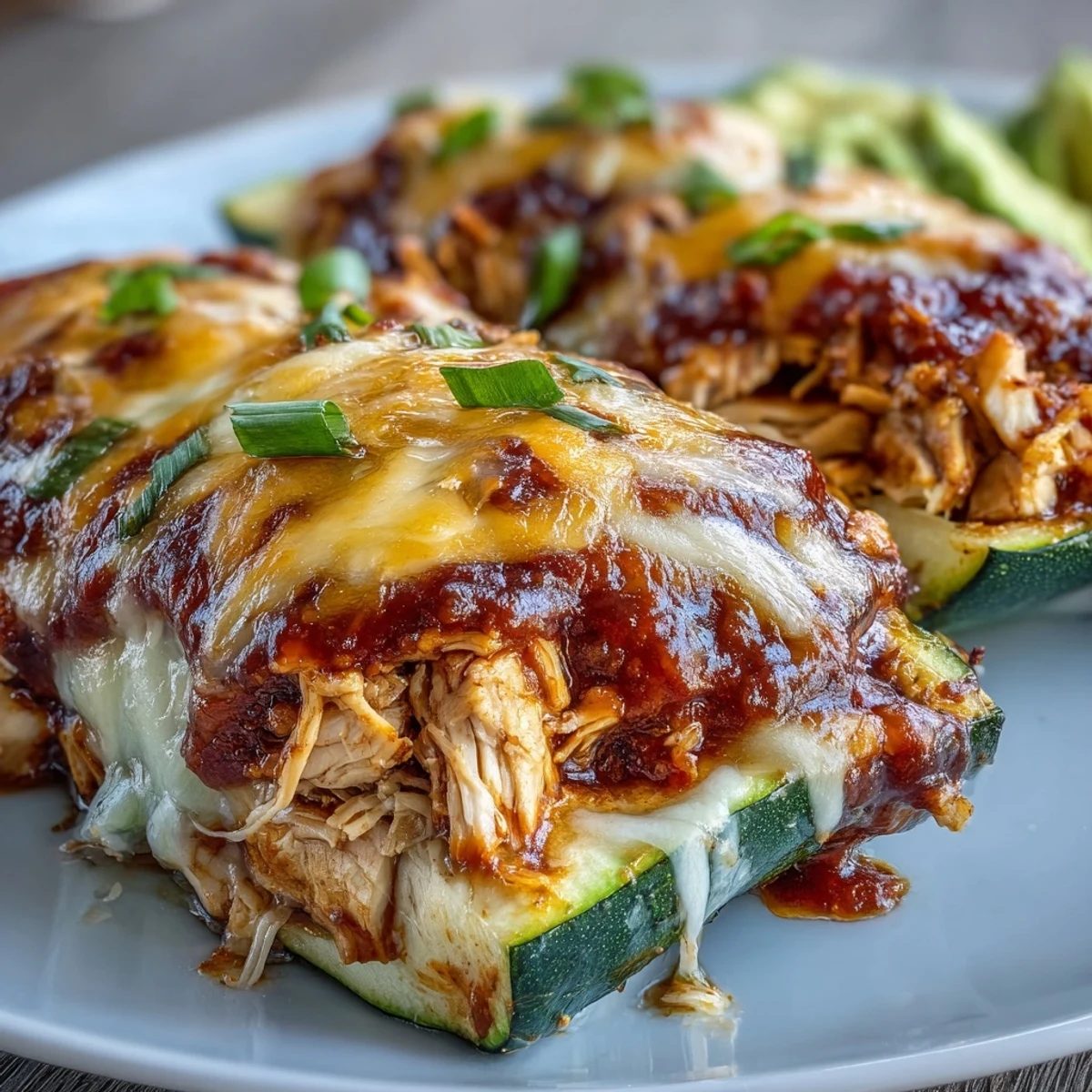Golden-brown Keto Chicken Enchilada Zucchini Boats with melted cheese bubbling over a savory chicken filling.