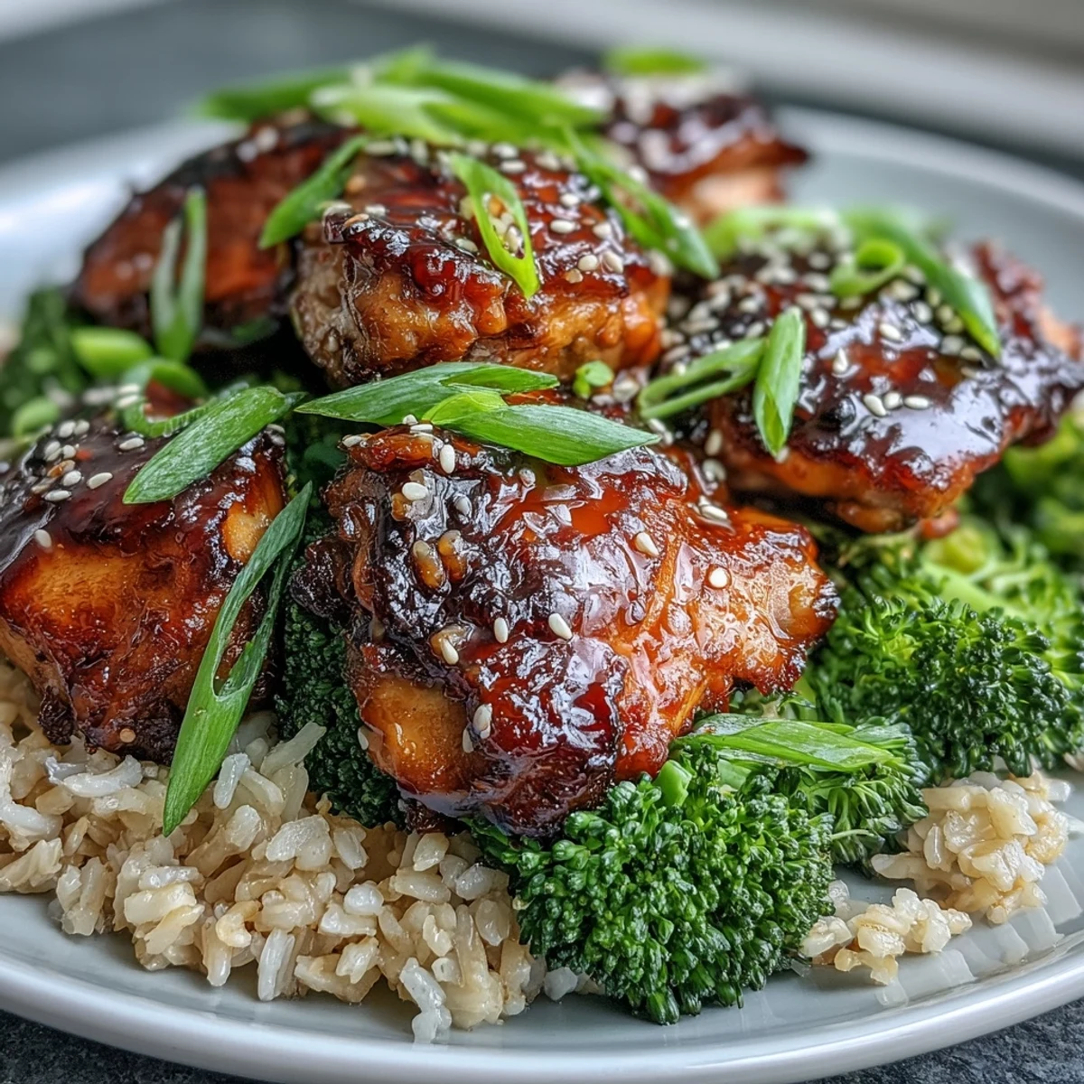 Sheet Pan Teriyaki Chicken and Broccoli with Brown Rice served on a plate with sesame seeds and green onions.