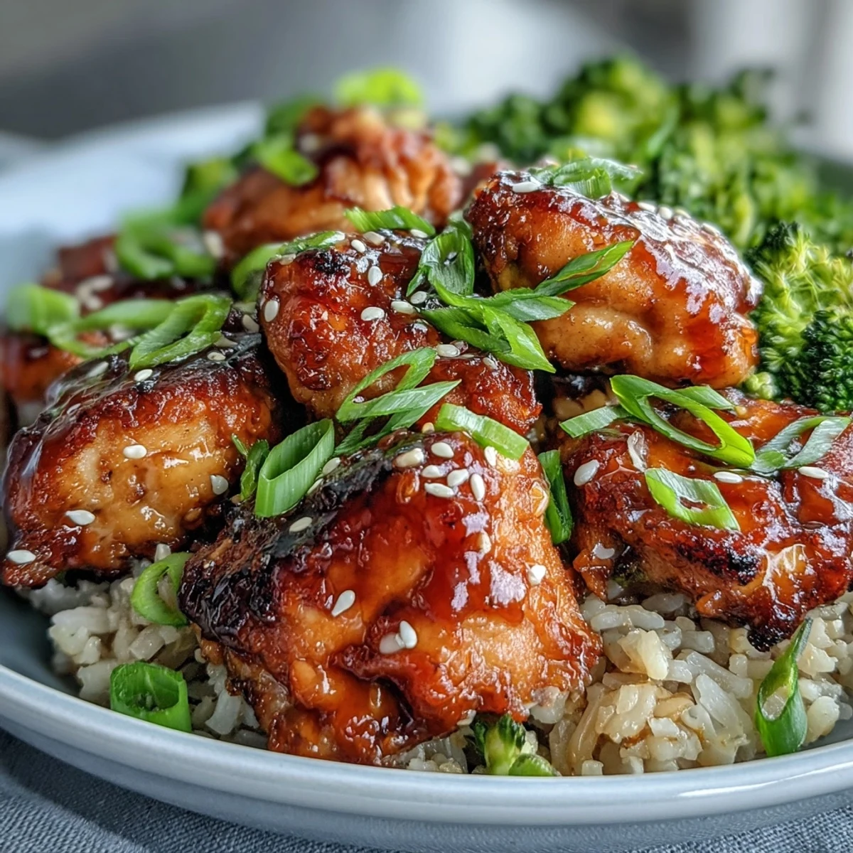 Tender chicken and crisp broccoli over brown rice for Sheet Pan Teriyaki Chicken and Broccoli with Brown Rice.