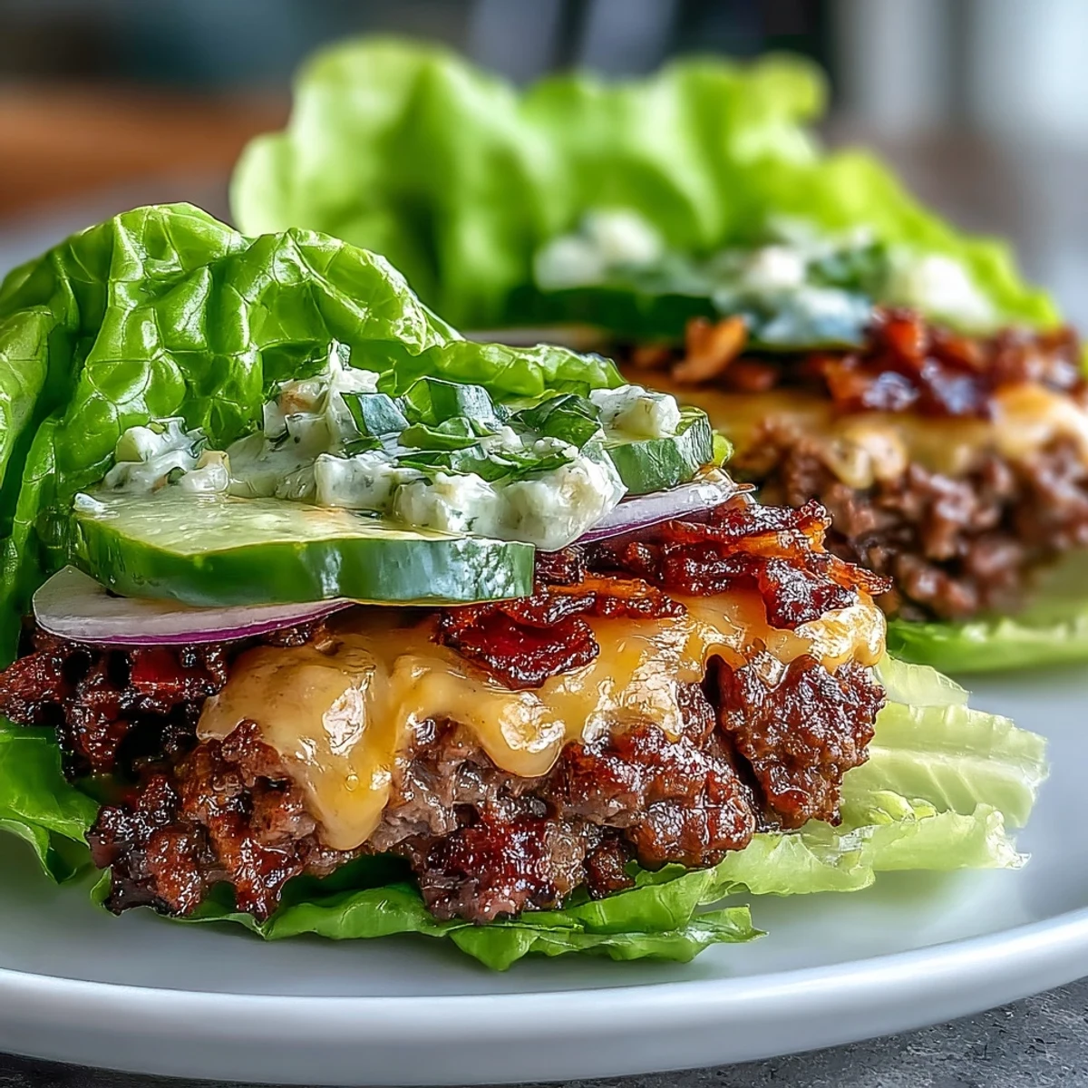 Freshly grilled beef patties with melted cheddar tucked inside crisp iceberg lettuce wraps, topped with tangy pickles and creamy secret sauce.