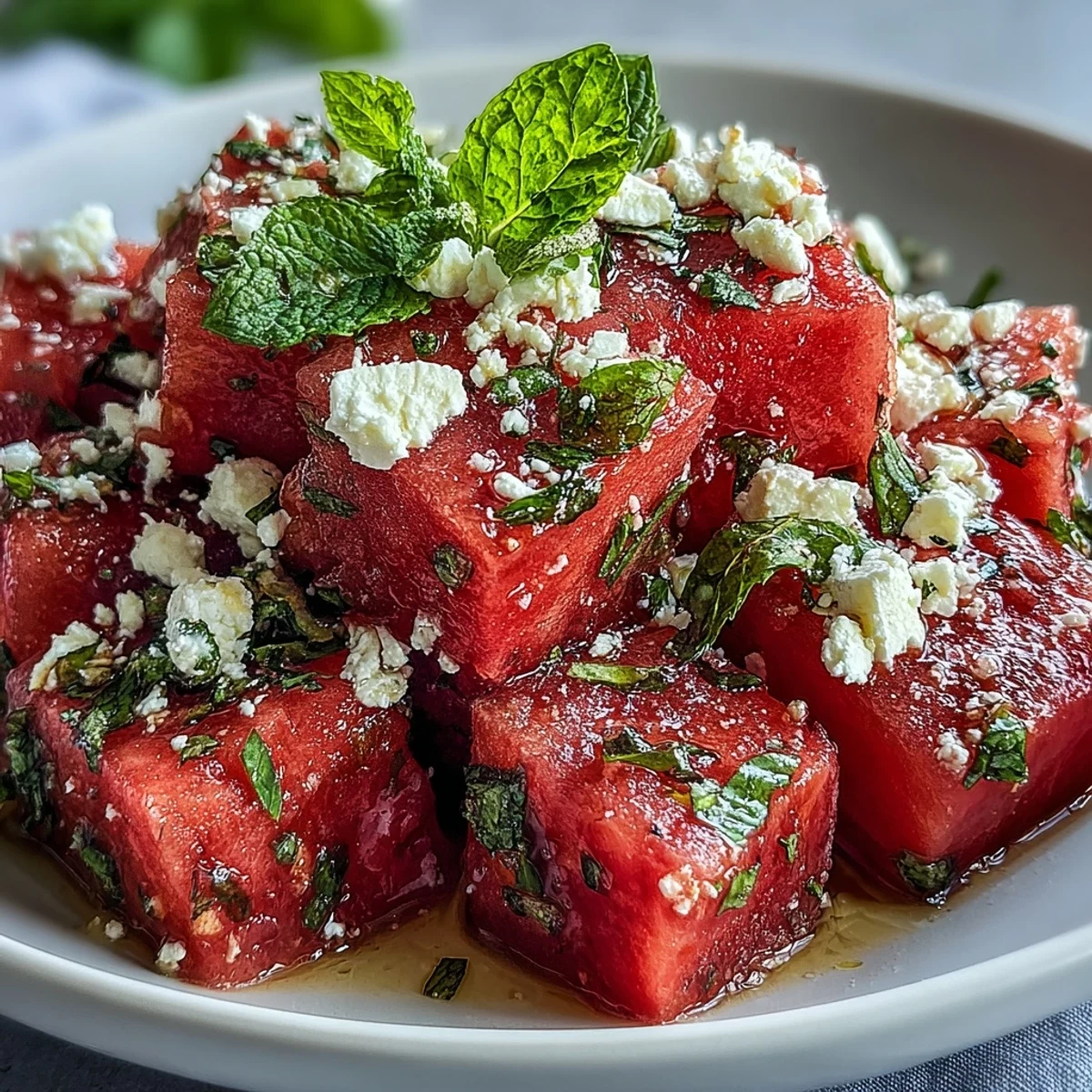 Served in a white bowl, 5-Ingredient Watermelon Feta Mint Salad looks refreshing and vibrant, perfect for a summer BBQ side dish on a sunny table.