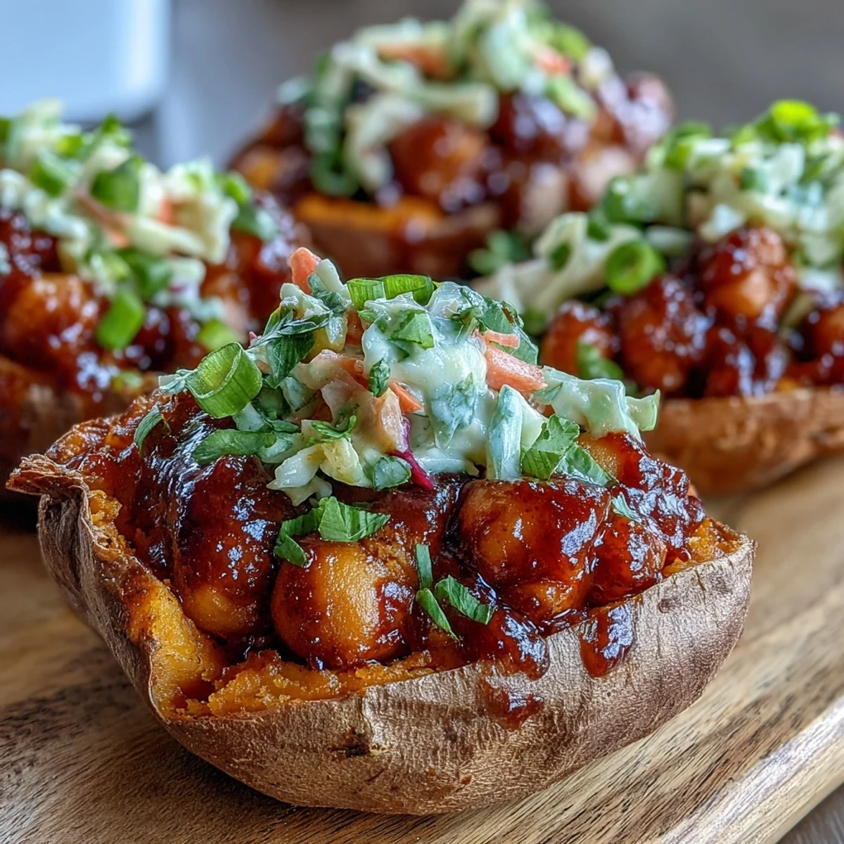 Roasted sweet potatoes are split open to reveal smoky vegan BBQ chickpeas, piled high with a crisp, tangy red cabbage and carrot slaw.