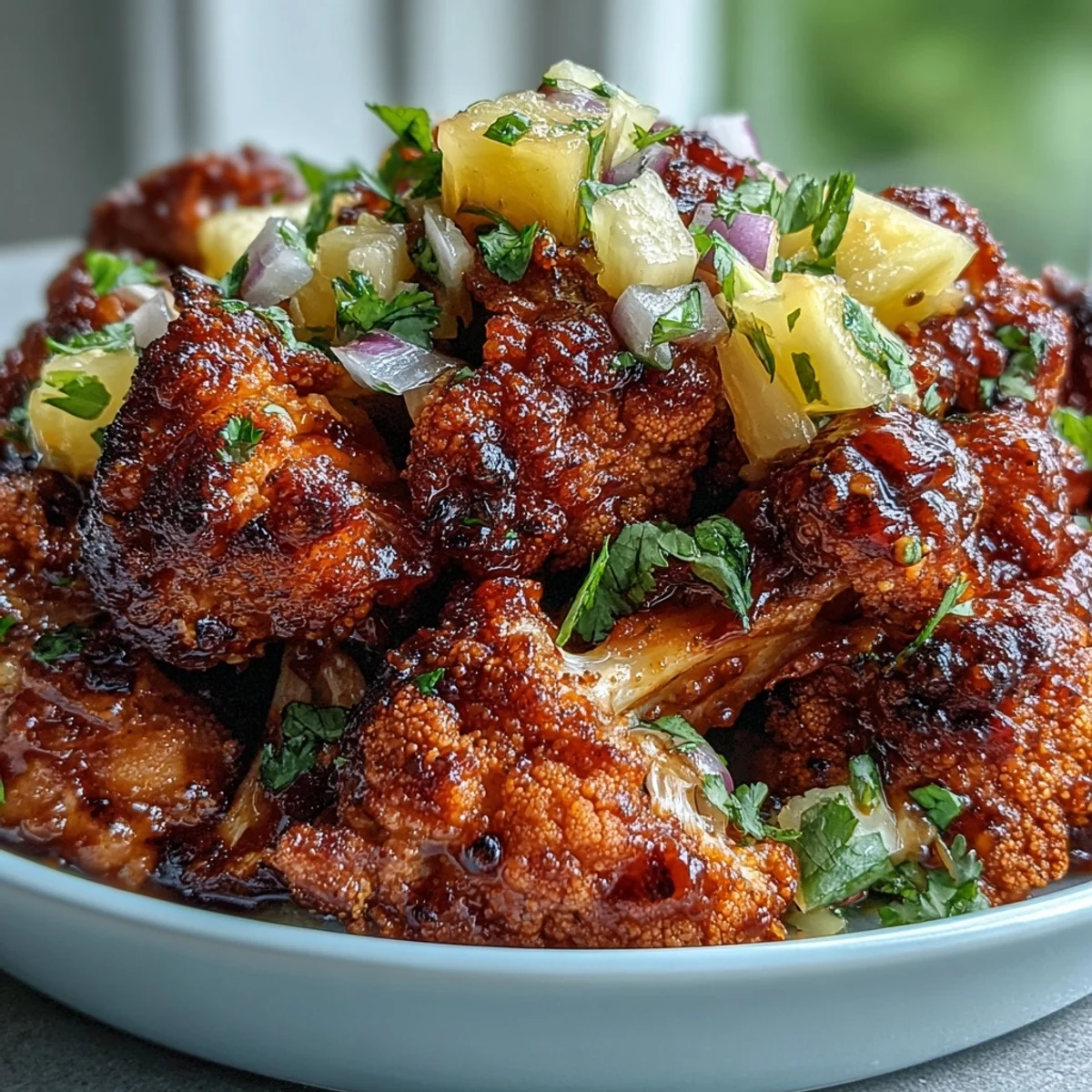 A top-down view of 8 vegan tacos filled with crispy cauliflower, fresh pineapple salsa, and lime wedges on the side.