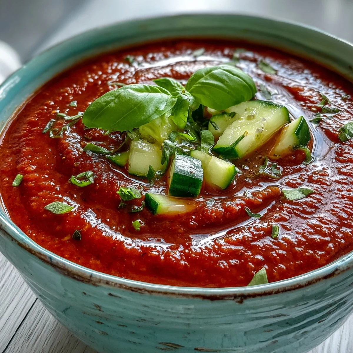 Vibrant Slim Summer Gazpacho with Cucumber, Tomato, and Bell Pepper served chilled in a white bowl, garnished with fresh basil and a drizzle of olive oil.