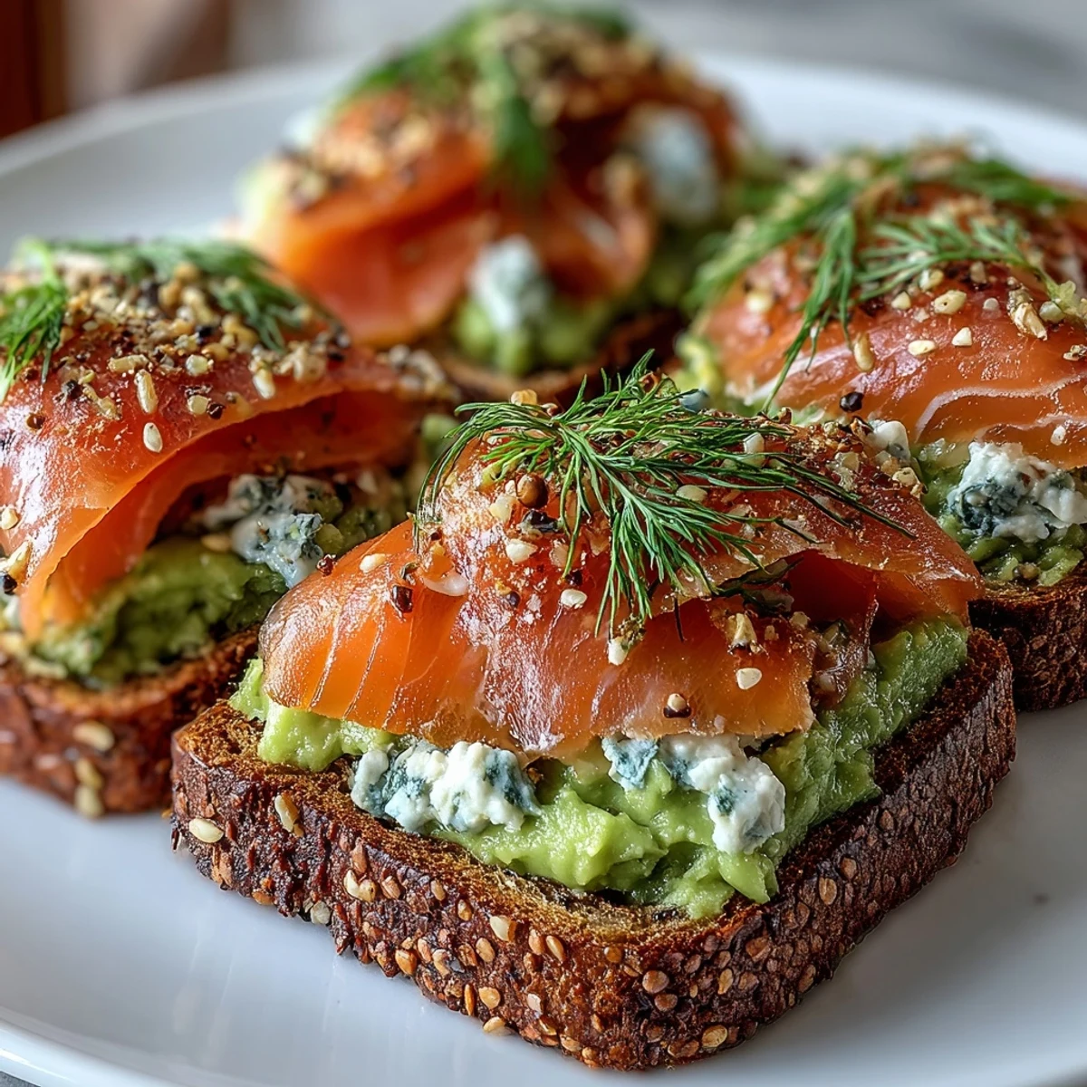 Golden-brown keto avocado bread toasts with smoked salmon and everything seasoning garnish, displayed on a rustic white platter.