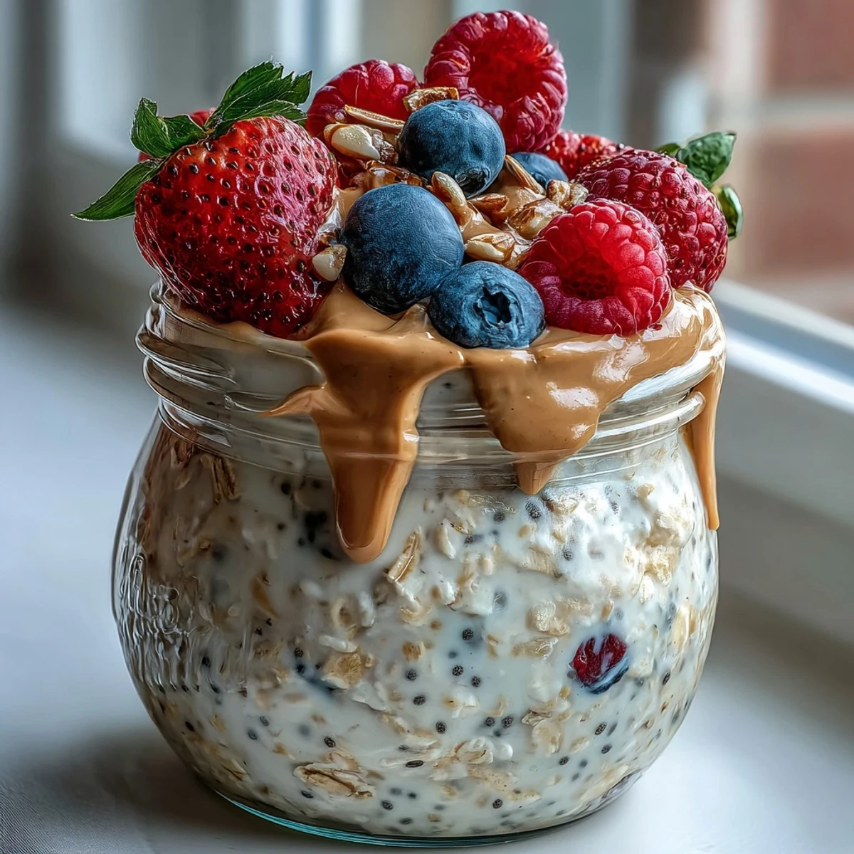 A spoon digs into a chilled jar of Clean Eating Berry Overnight Oats with Almond Butter Swirl, revealing juicy berries and a rich almond butter swirl.