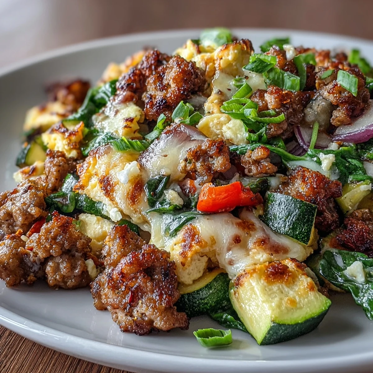 Golden-brown Keto Sausage and Veggie Breakfast Scramble with fluffy eggs, diced bell peppers, and melted cheddar in a rustic skillet.
