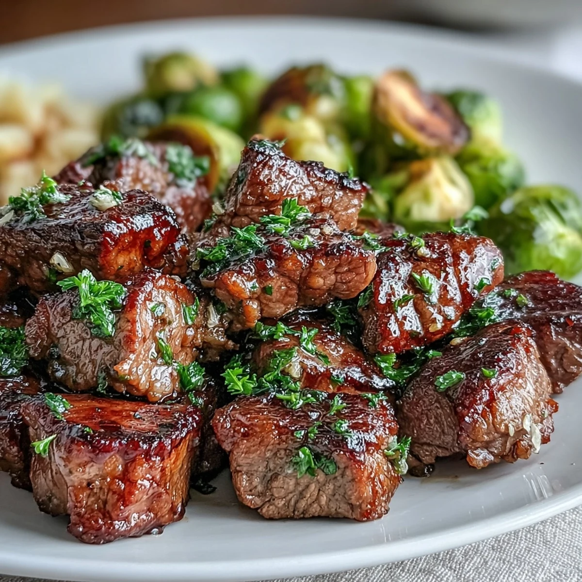 Juicy steak cubes and golden roasted Brussels sprouts served as a hearty, gluten-free Keto Lemon Garlic Butter Steak Bites meal.