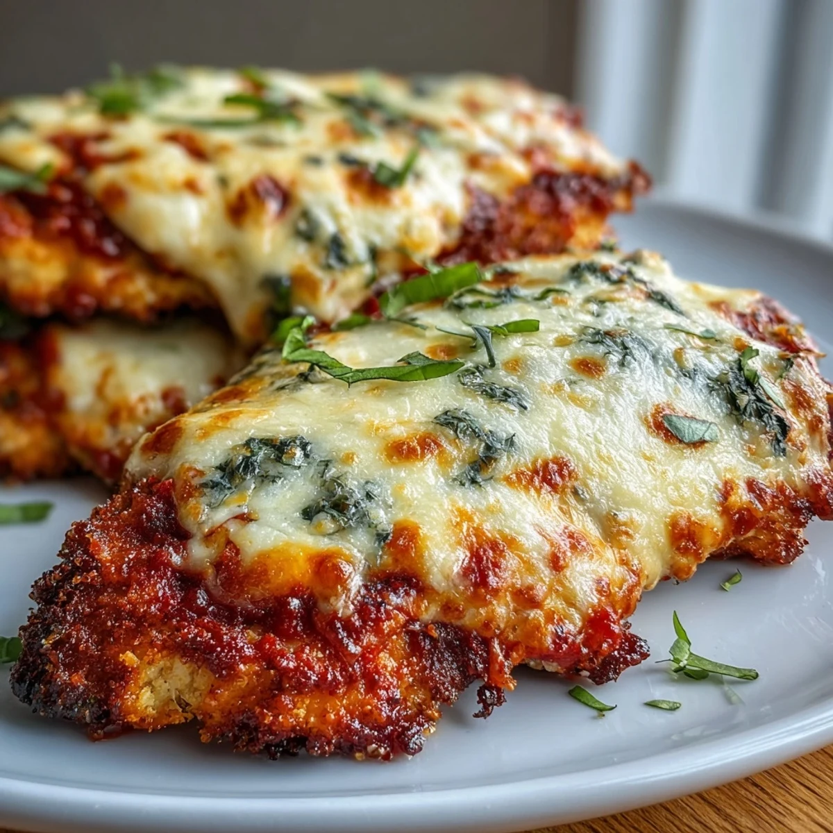 Golden-brown Keto Baked Chicken Parmesan topped with melted mozzarella and fresh basil, served alongside zucchini noodles.
