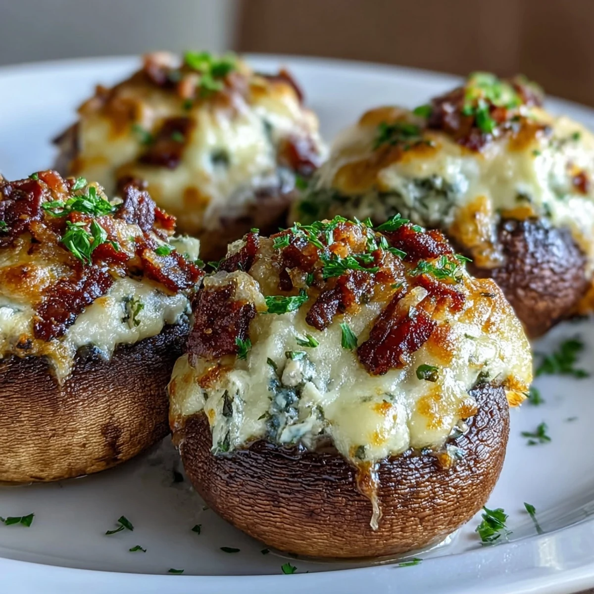 A close-up of Keto Bacon and Cheese Stuffed Mushrooms revealing a creamy, melted cheese and crispy bacon filling inside tender mushroom caps.