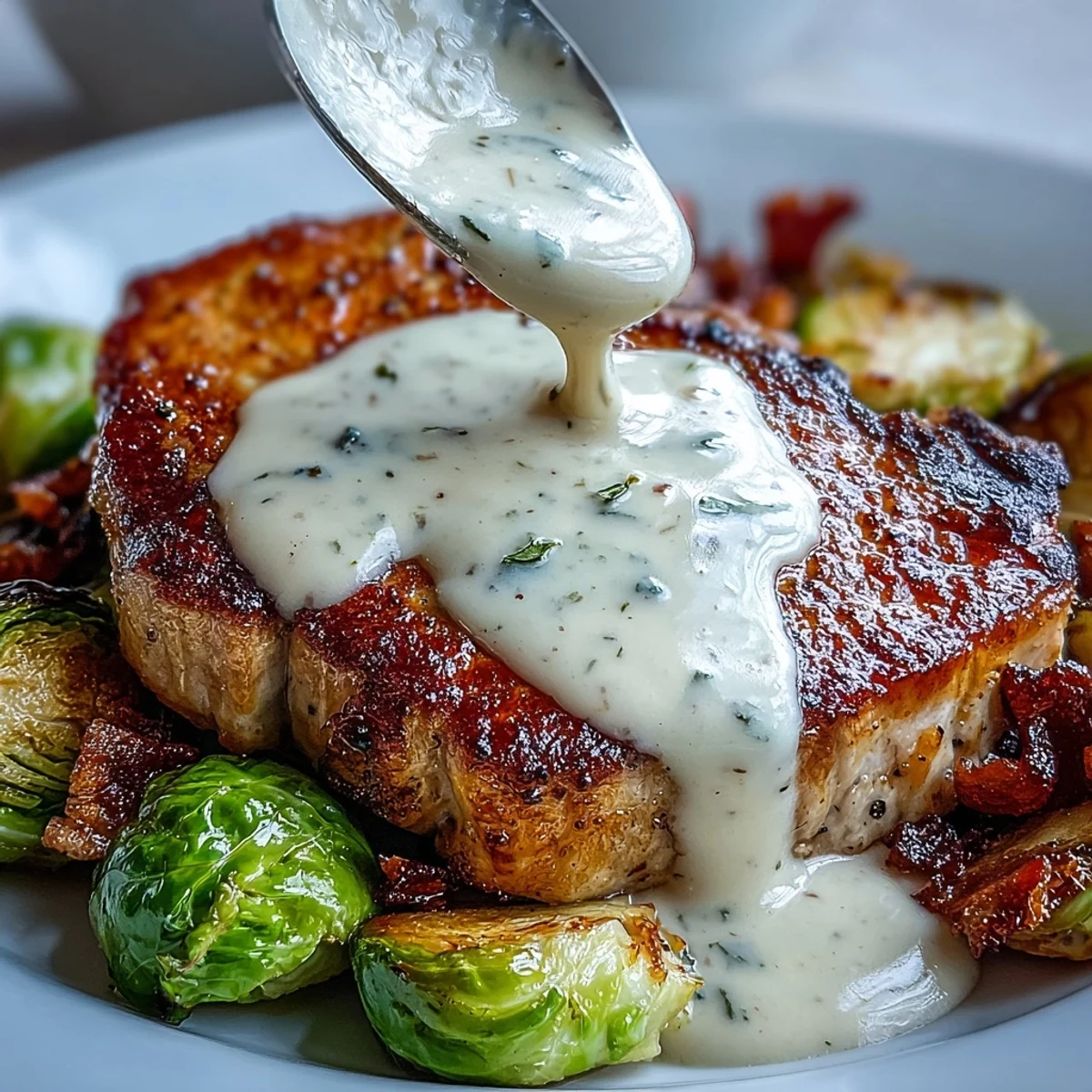 Tender Keto Creamy Dijon Pork Chops smothered in velvety mustard sauce, served with golden brown Brussels sprouts on a rustic plate.
