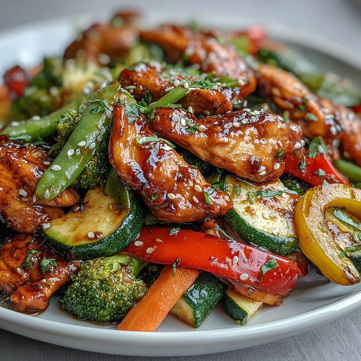 Sizzling High-Protein Chicken and Veggie Stir-Fry in a wok, showcasing vibrant bell peppers, snap peas, and a thick, savory glaze.