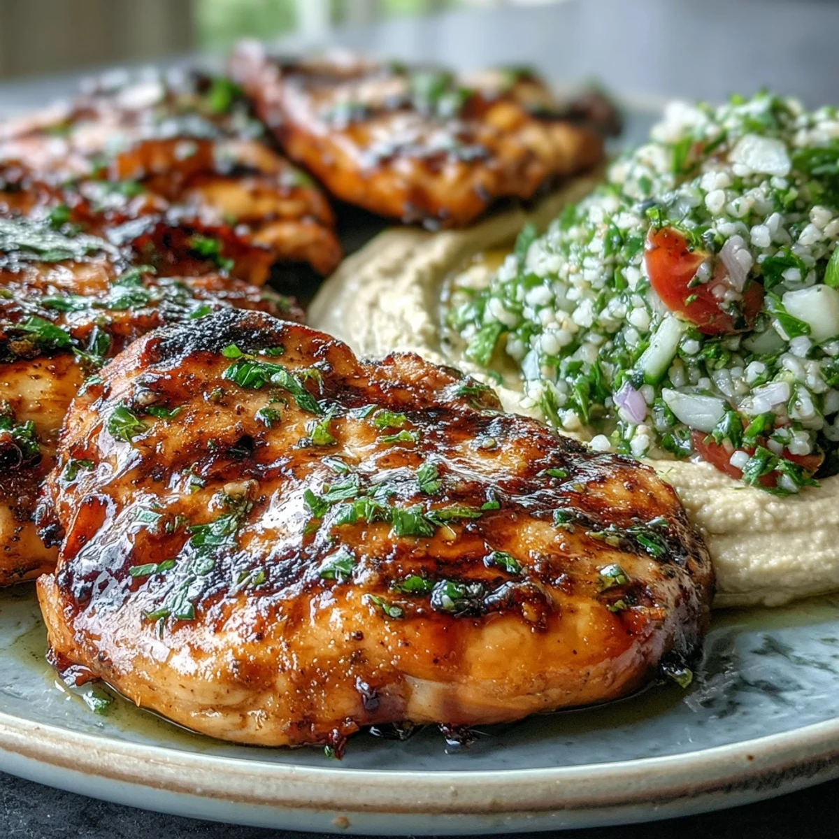 Freshly grilled Mediterranean chicken slices rest beside creamy hummus and a vibrant, herb-packed tabbouleh salad, ready to serve.