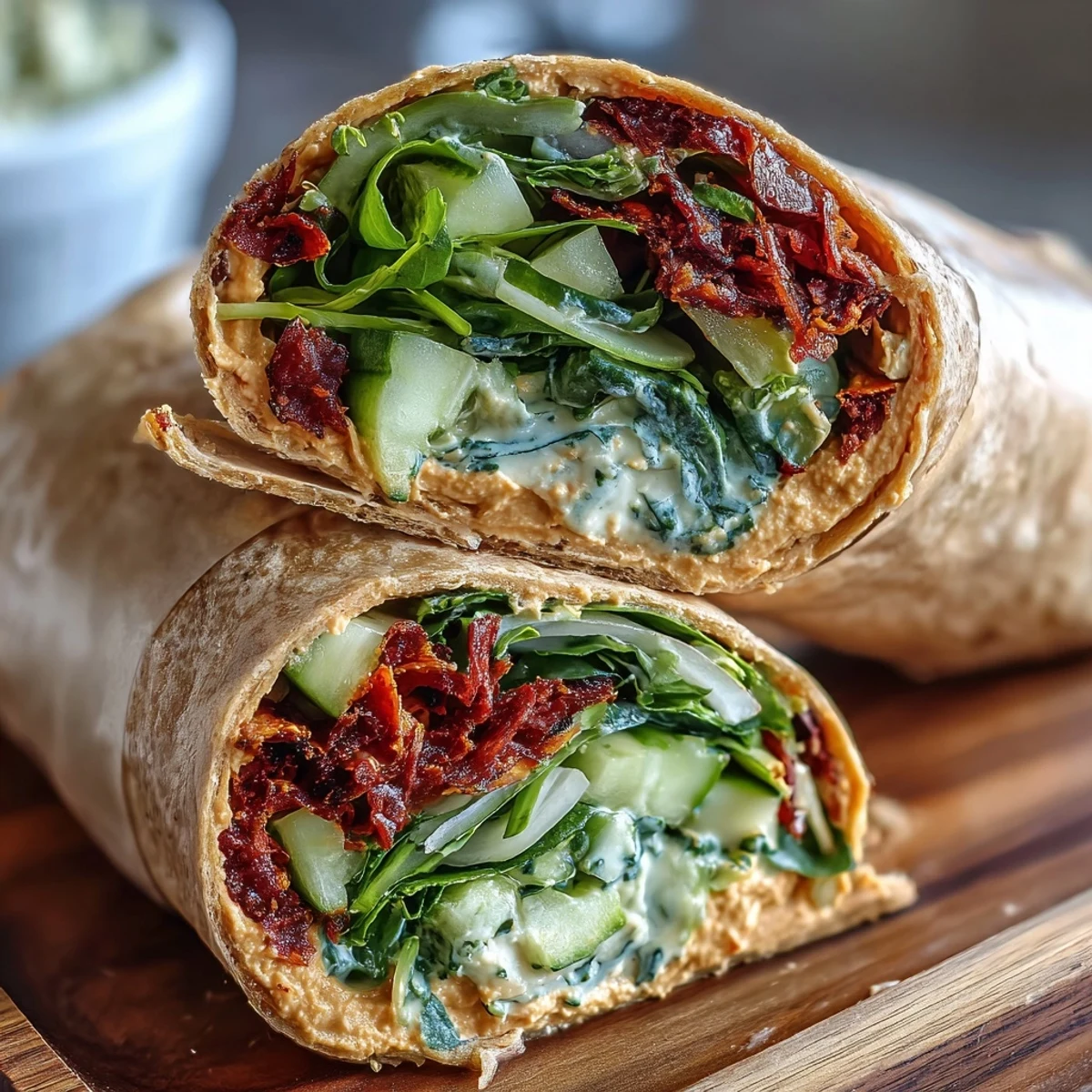 Colorful vegan veggie wraps filled with creamy hummus and crisp fresh vegetables.