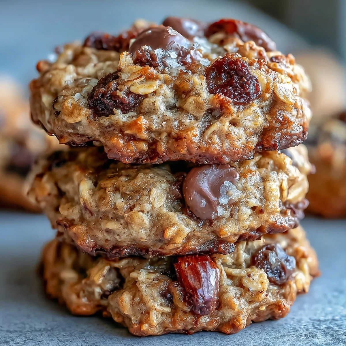 Golden-brown Vegan Banana Oat Breakfast Cookies packed with oats and raisins on a rustic wooden board.