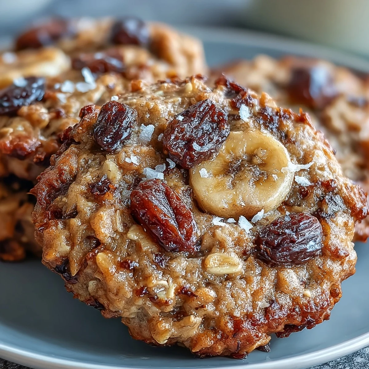 Six warm Vegan Banana Oat Breakfast Cookies stacked on a cooling rack next to a fresh banana.