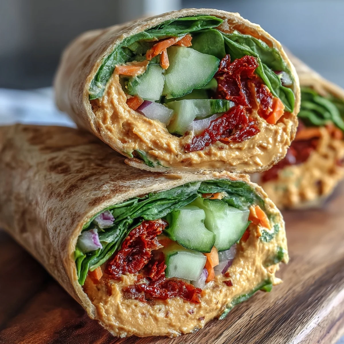 Creamy sun-dried tomato hummus veggie wraps with spinach and carrots on a plate.