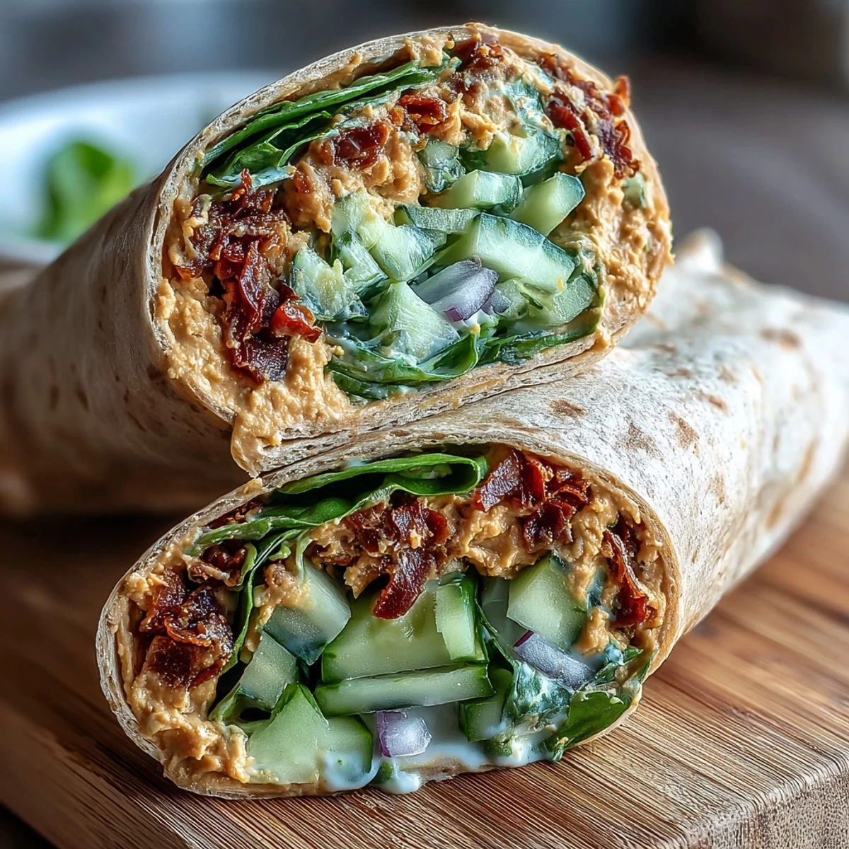 Colorful vegan veggie wraps filled with creamy hummus and crisp fresh vegetables.