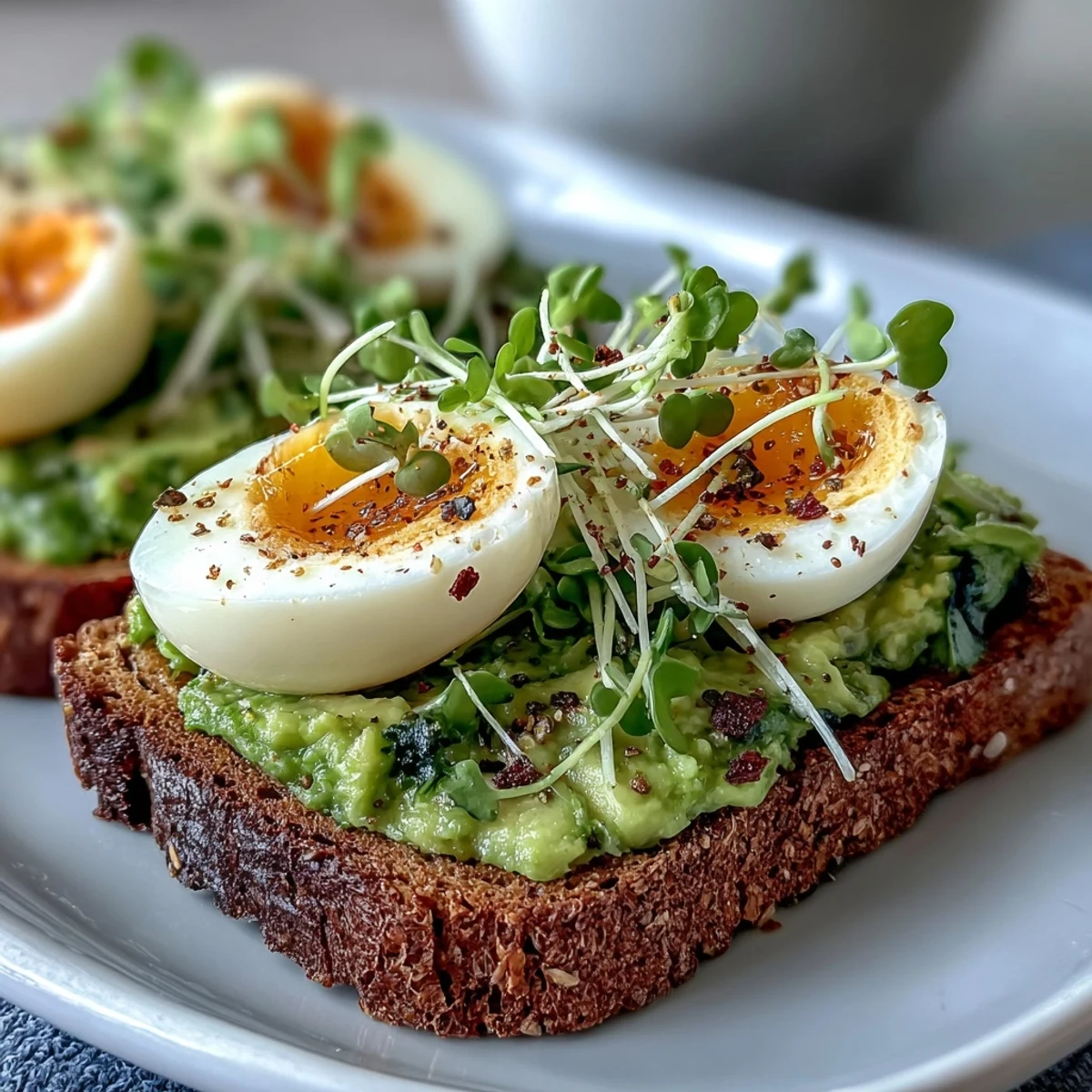 A rustic plate of Clean Eating Avocado Toast with Soft-Boiled Egg and Microgreens, featuring bright avocado mash, runny yolk, and peppery microgreens on golden toast.