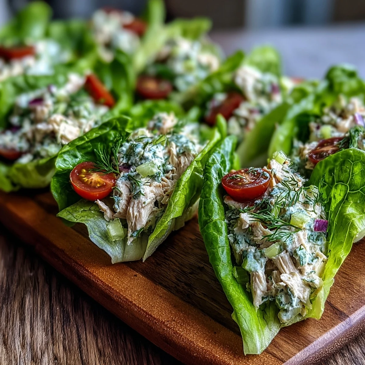 Juicy shredded chicken and creamy avocado mix with herbs in crisp butter lettuce cups for fresh avocado herb chicken salad lettuce cups.