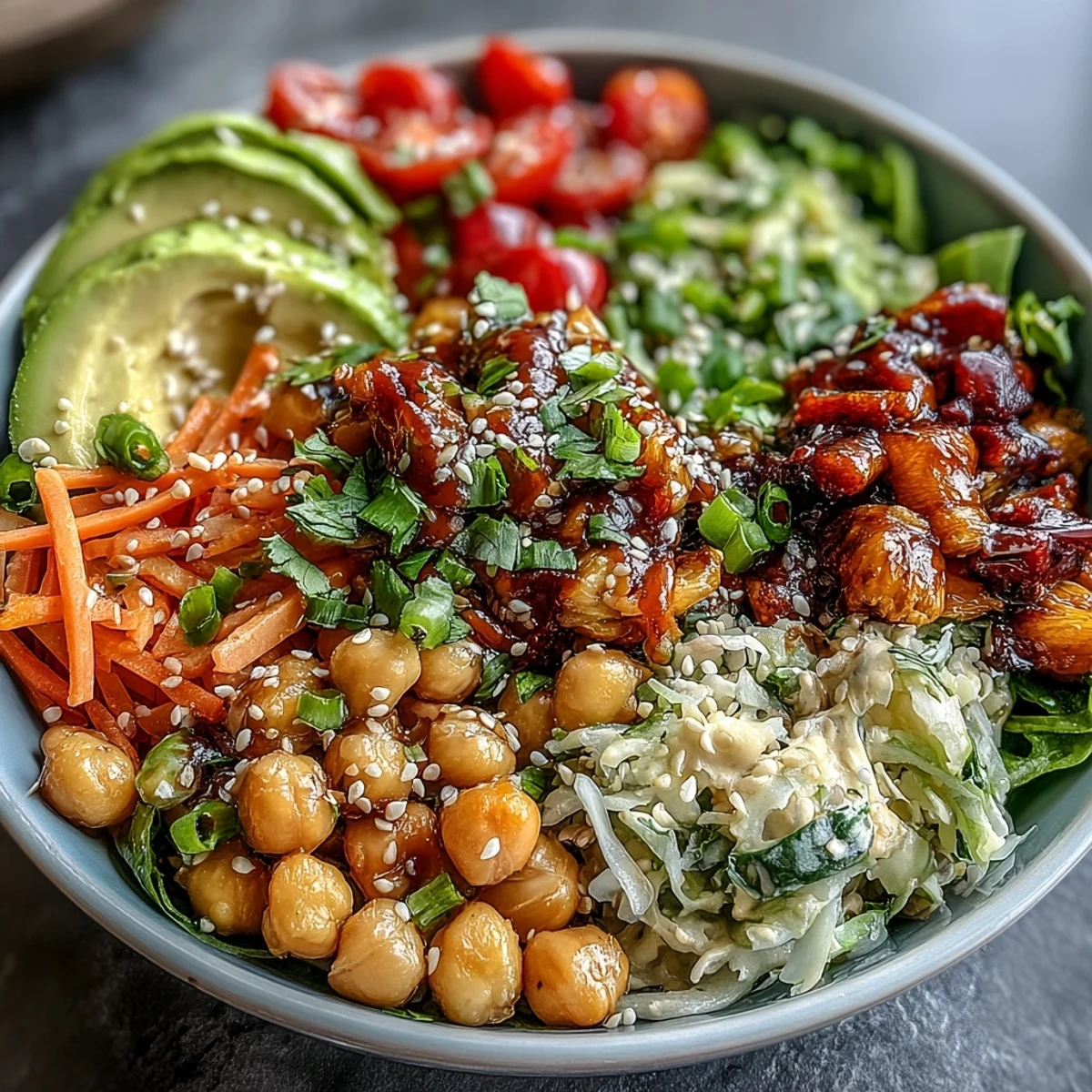 Vibrant Rainbow Veggie Buddha Bowl with Sesame Ginger Dressing featuring colorful vegetables, grains, and creamy avocado arranged in a nourishing bowl.