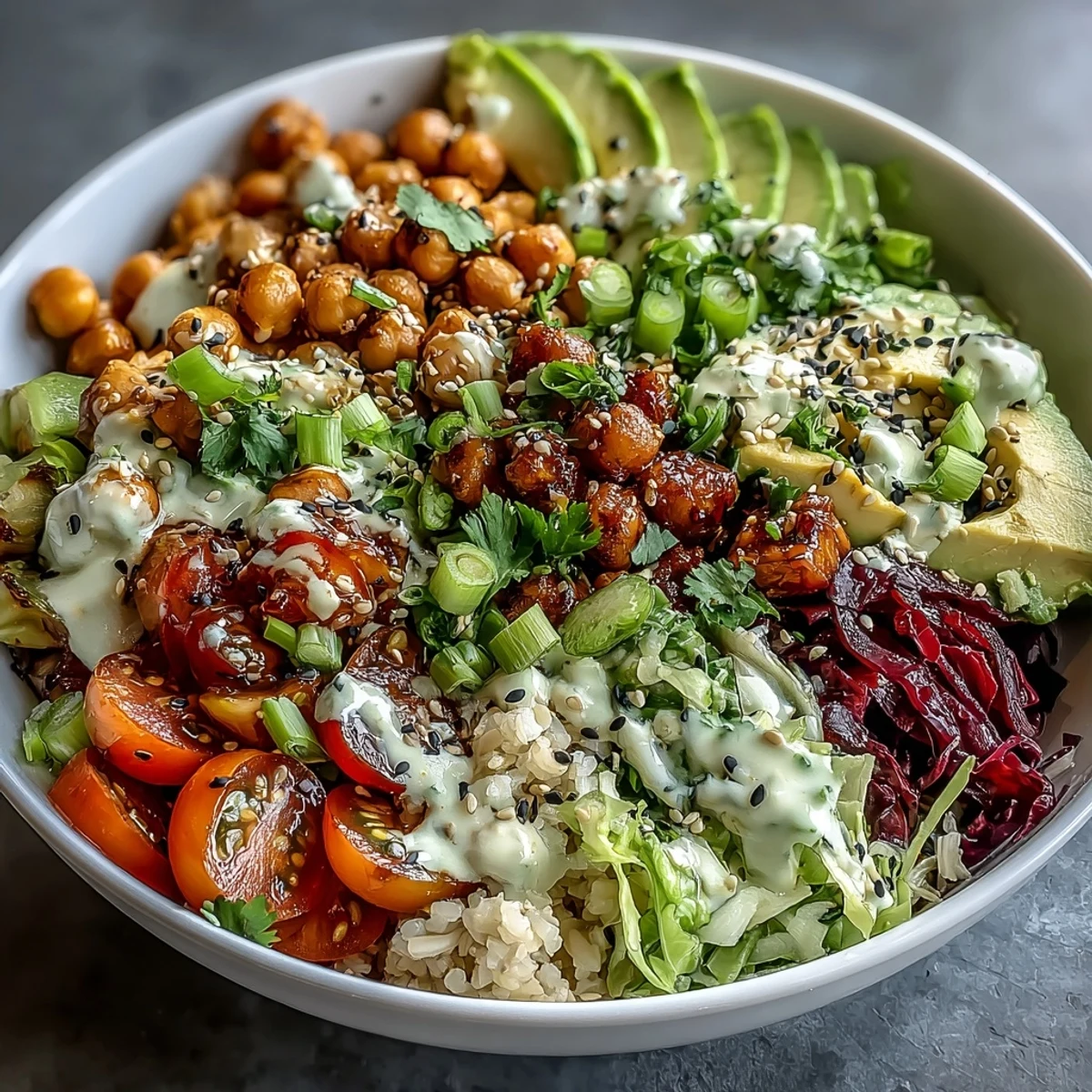 Healthy Buddha Bowl with Sesame Ginger Dressing packed with fresh veggies, chickpeas, and fluffy quinoa topped with zesty ginger-lime dressing.