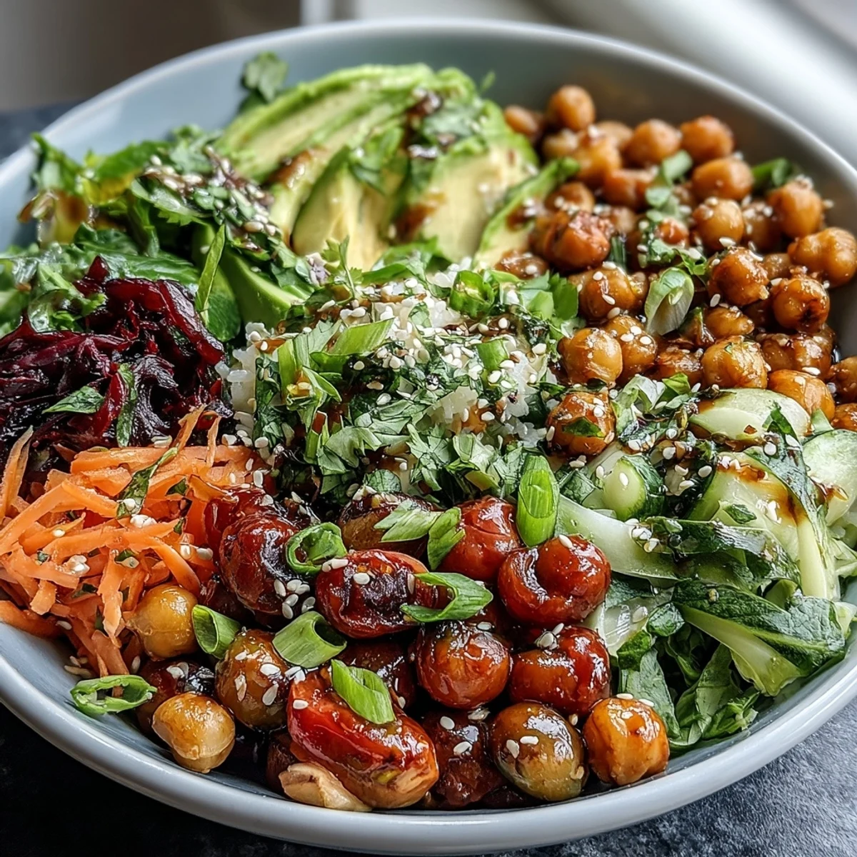 Nutritious Rainbow Buddha Bowl with Sesame Ginger Dressing showcasing crisp vegetables, hearty grains, and protein-rich chickpeas in a satisfying meal.