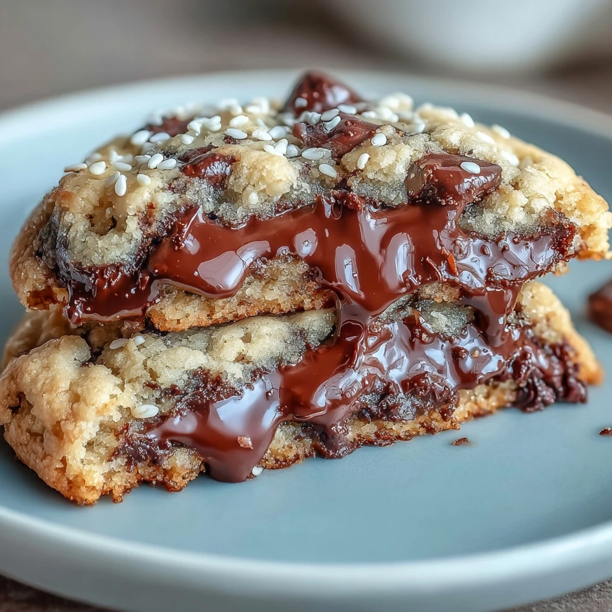 Nutty tahini-chocolate chip cookies with golden edges and melty dark chocolate chunks.