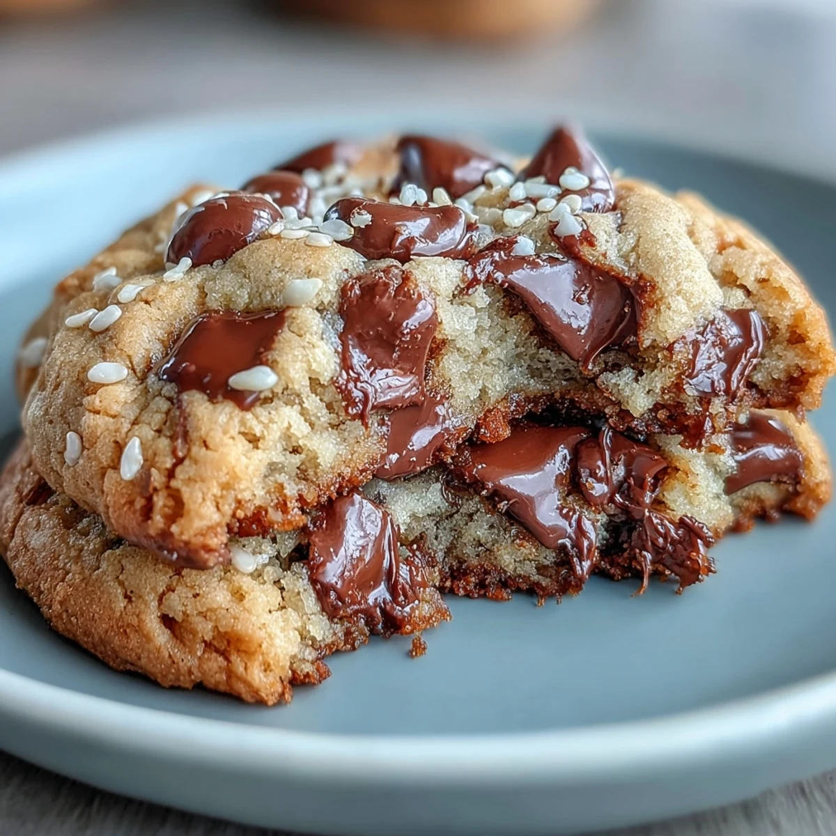 Chewy tahini-chocolate chip cookies with sesame seed topping and rich chocolate chips.