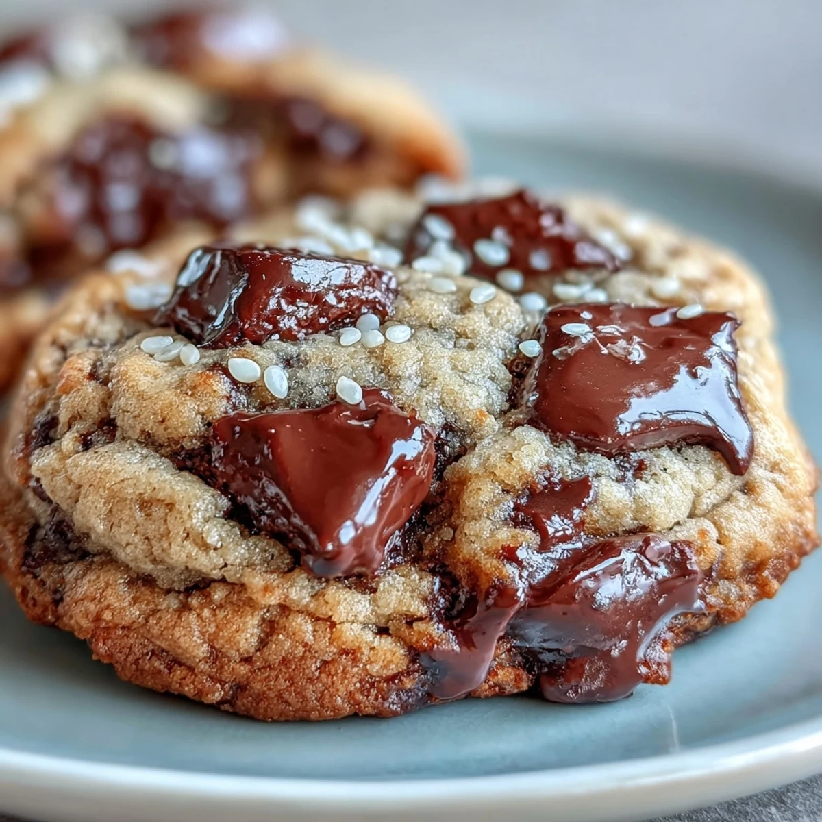 Tahini-chocolate chip cookies with soft centers and nutty flavor, perfect with coffee or tea.