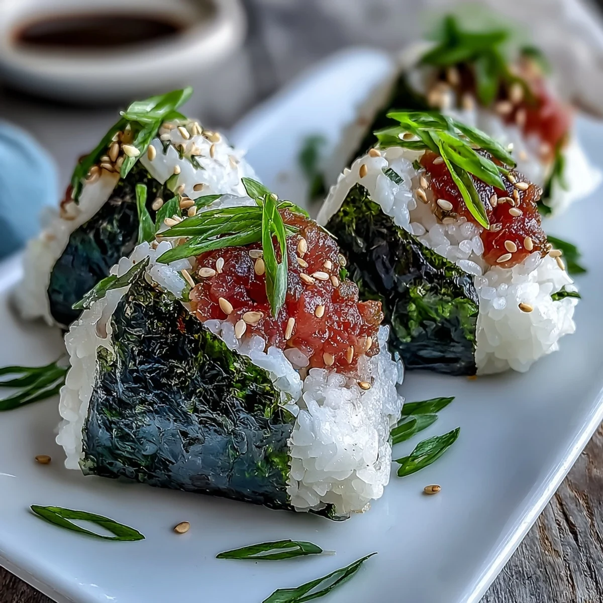 Hand-formed Japanese rice balls with savory spicy tuna center, garnished with sesame seeds and ready for snacking.  