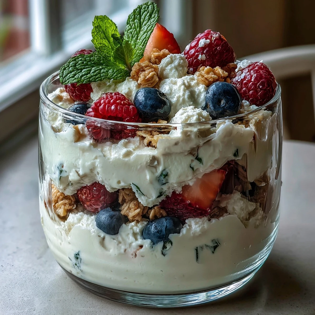 Cottage Cheese Berry Parfait with Granola: creamy cottage cheese, fresh berries, and crunchy granola in a layered breakfast treat.  