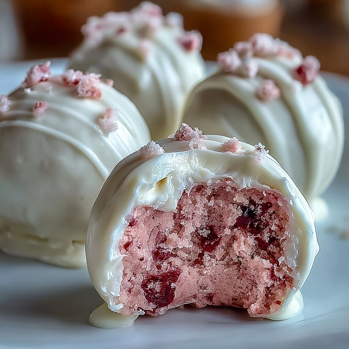 Handcrafted pink velvet cake pops with tangy cream cheese frosting, enrobed in silky white chocolate and perfect for Galentines Day parties.