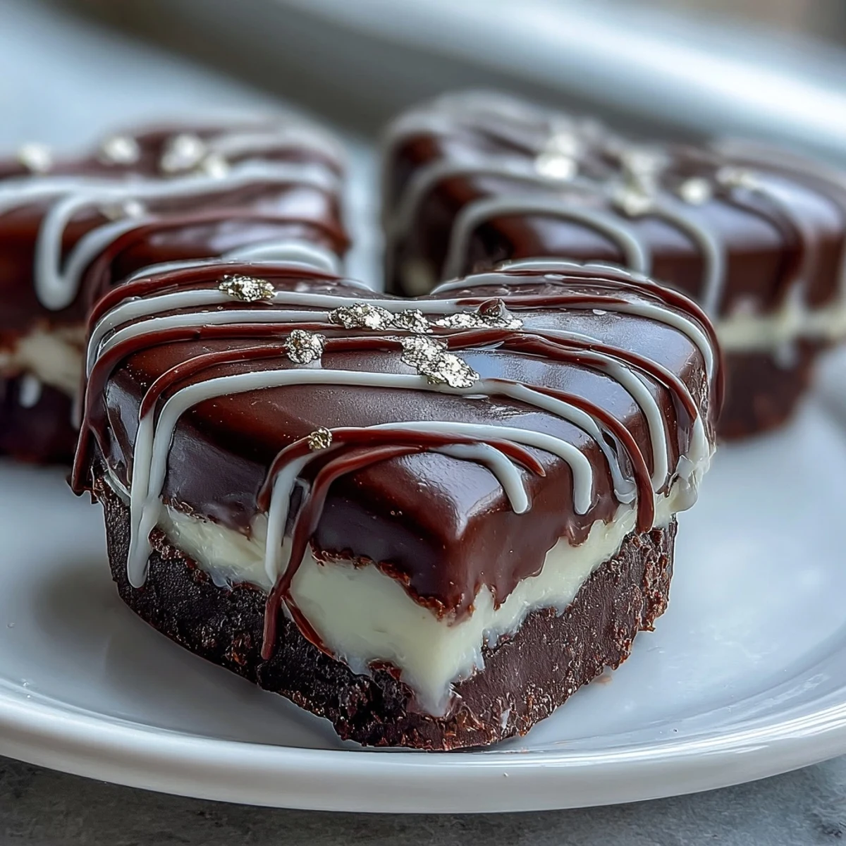 Elegant milk chocolate heart with strawberries, beautifully decorated with white chocolate drizzle and edible gold leaf for a festive touch.