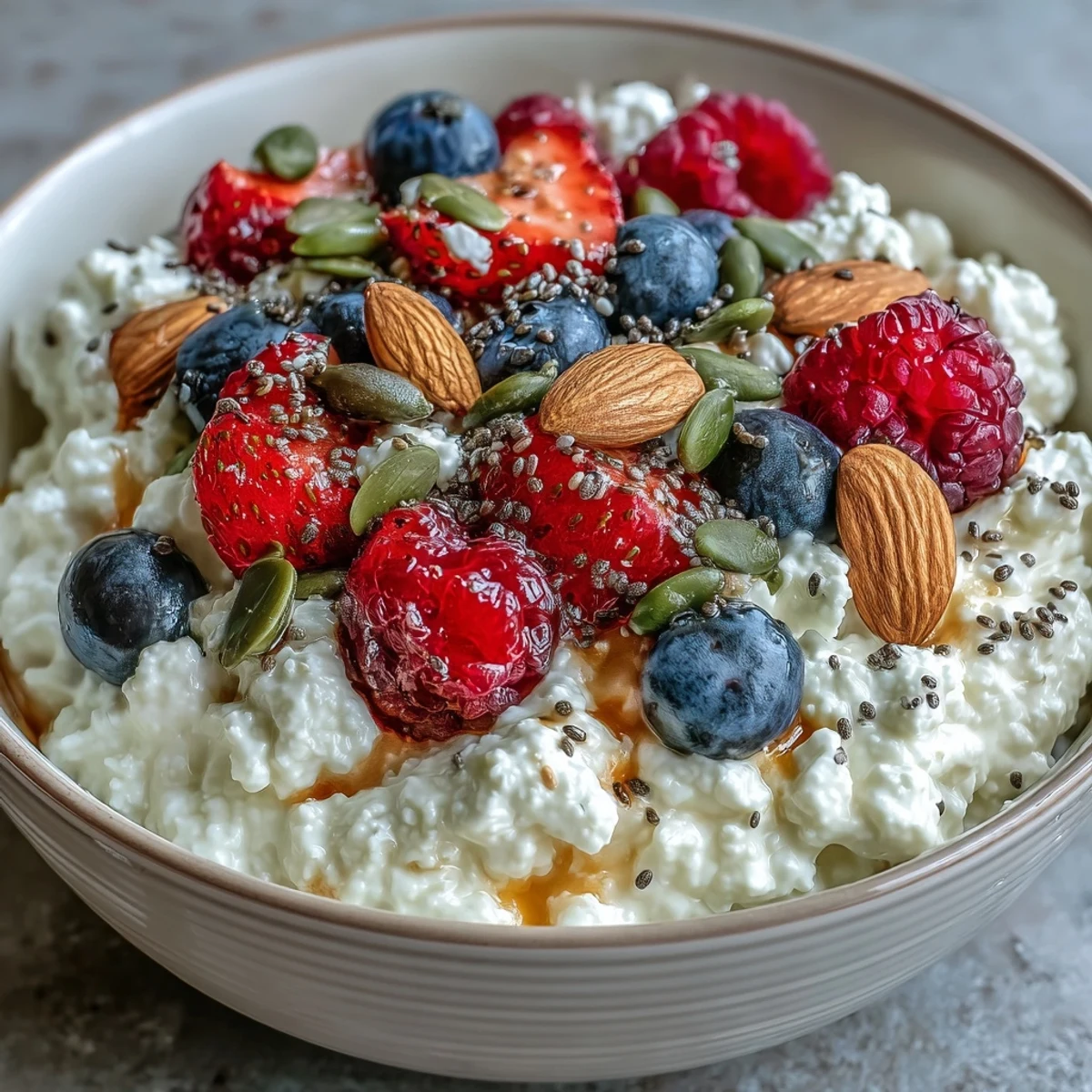 A vibrant cottage cheese breakfast bowl topped with fresh mixed berries and crunchy seeds, drizzled with honey.  