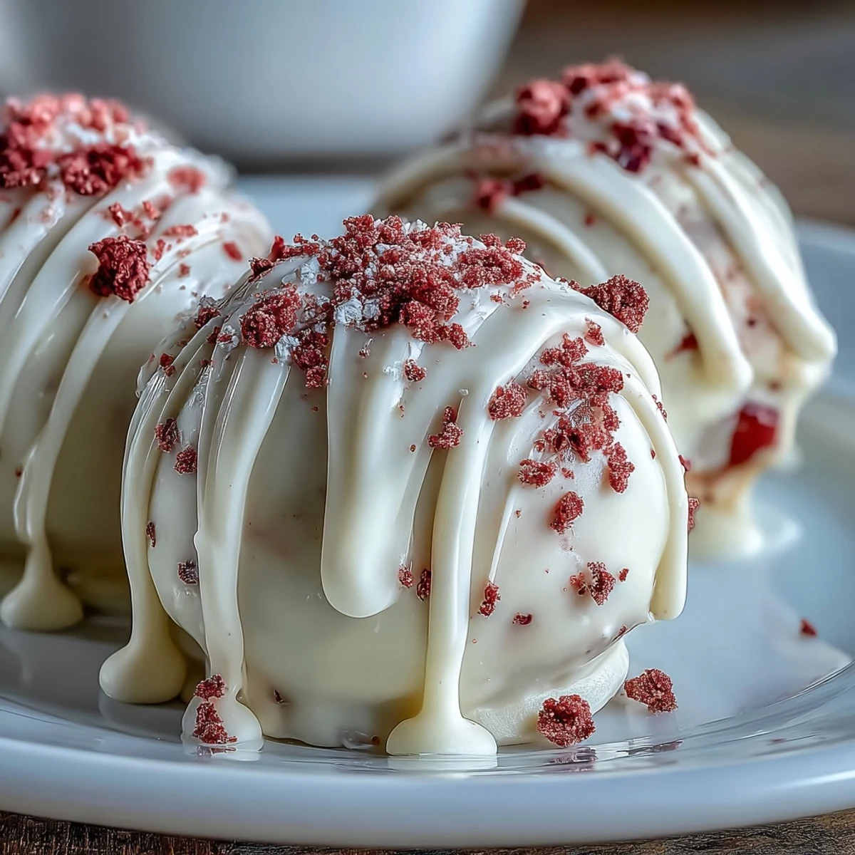 Creamy strawberry truffles coated in smooth white chocolate, perfect for a romantic Valentine's Day treat.