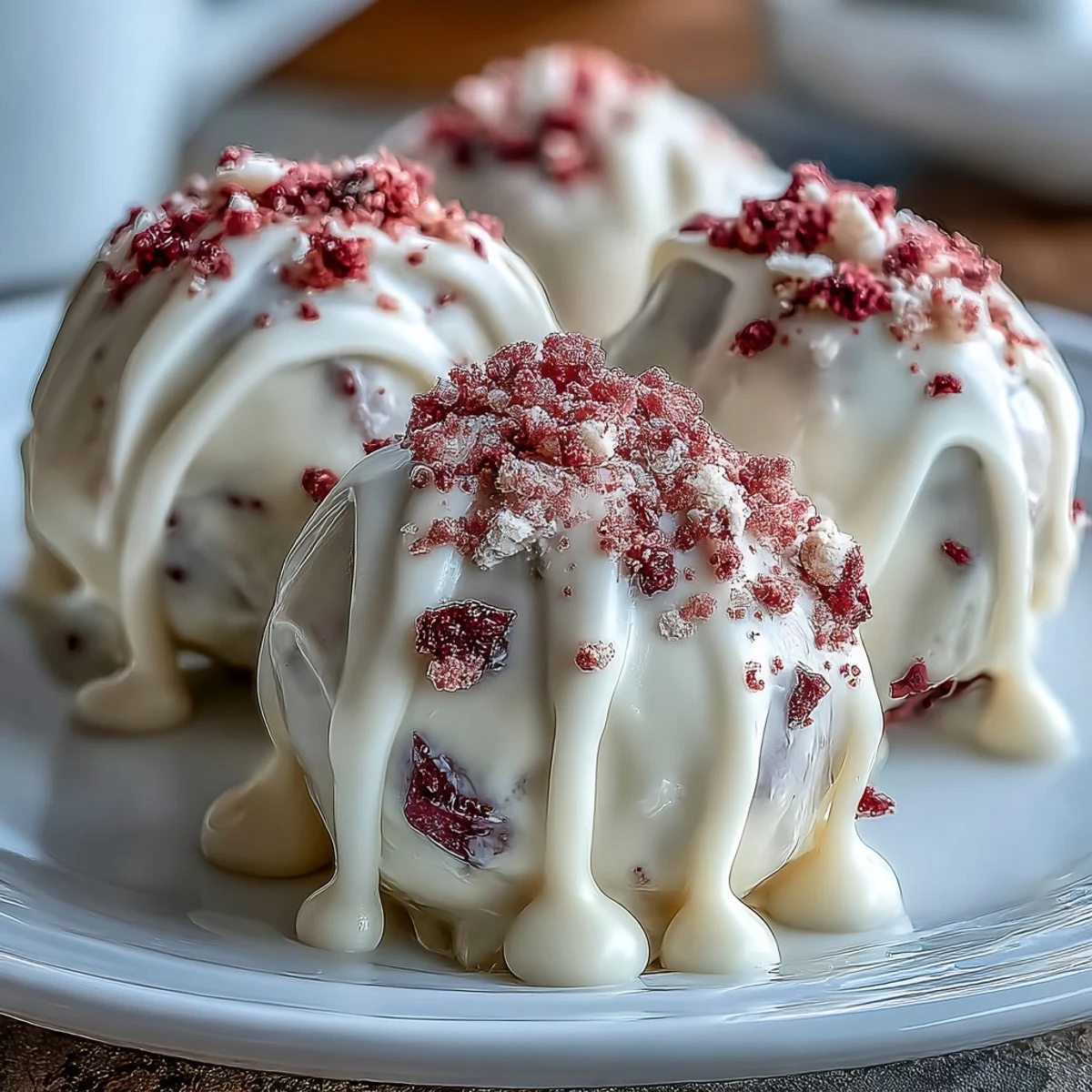 Decadent homemade strawberry truffles with white chocolate drizzle, garnished with crushed freeze-dried berries.