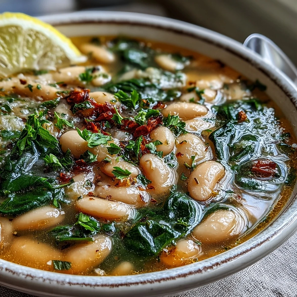 Rustic Italian white bean and spinach soup featuring hearty cannellini beans, fresh spinach, and fragrant rosemary.  