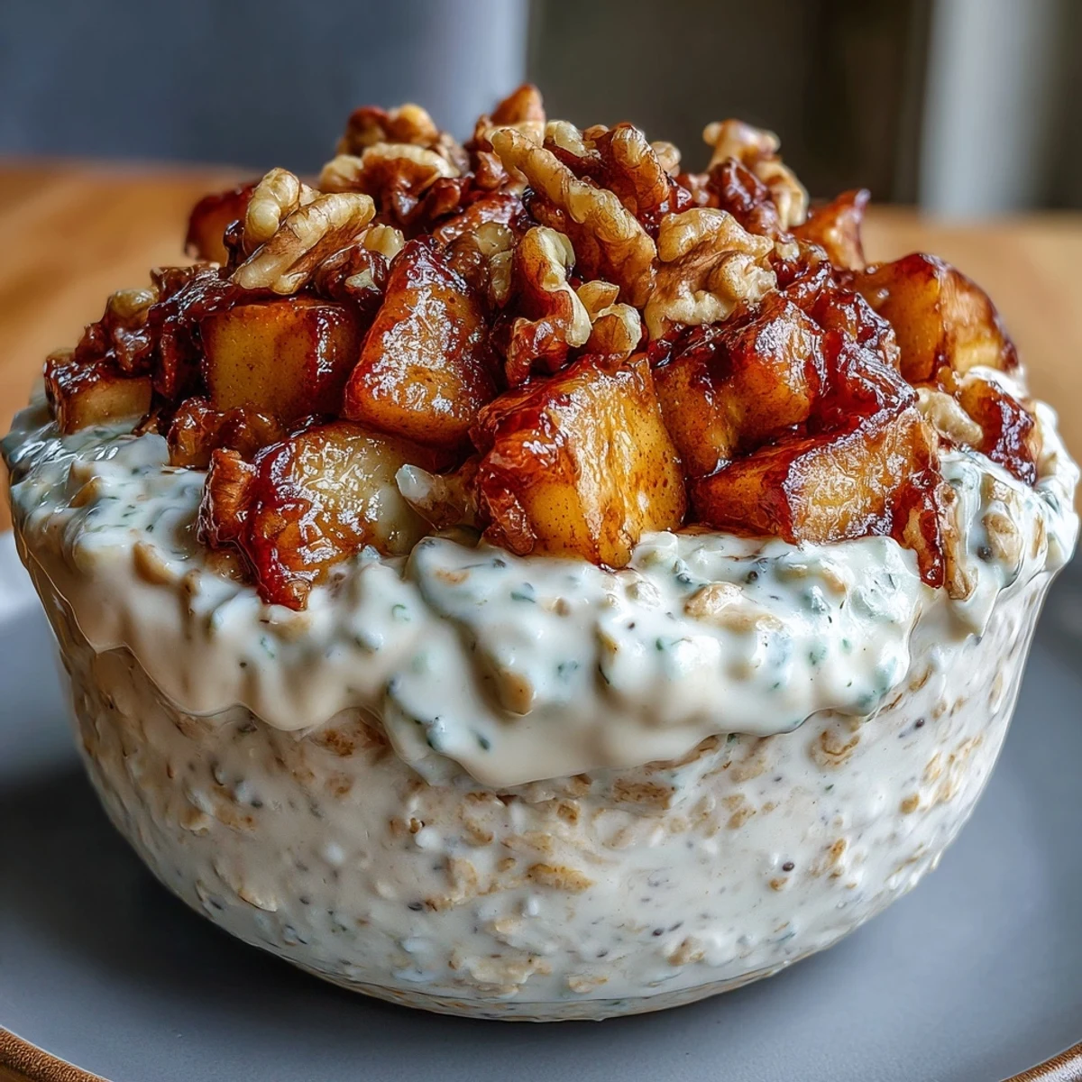 Creamy overnight oats layered with tender cinnamon-spiced apples and crunchy toasted walnuts, a hearty and wholesome breakfast.  