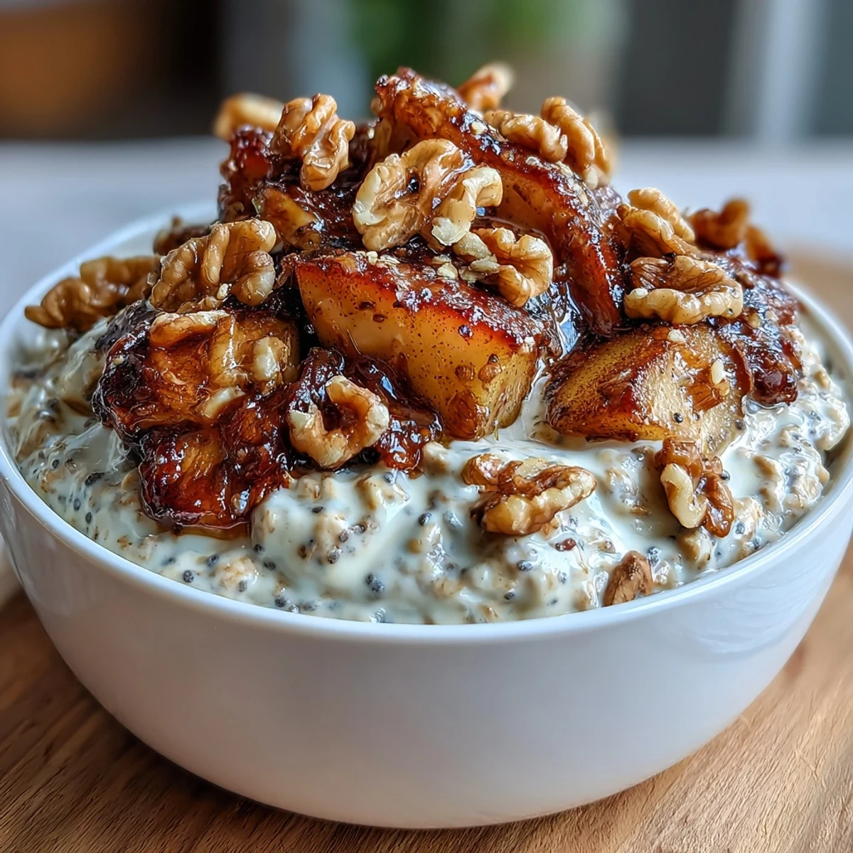 Wholesome overnight oats with layers of maple-sweetened cinnamon apples and crunchy walnuts, ideal for a satisfying vegetarian breakfast.