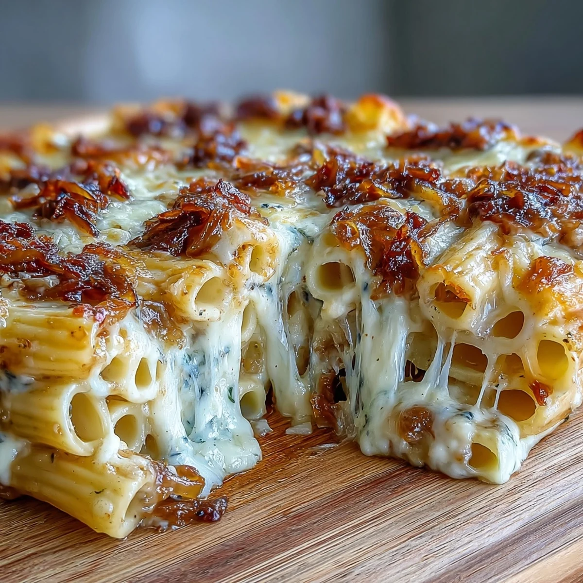 Creamy French Onion Soup Pasta Bake with caramelized onions, melted Gruyère, and bubbling cheese topping in a cozy oven dish.