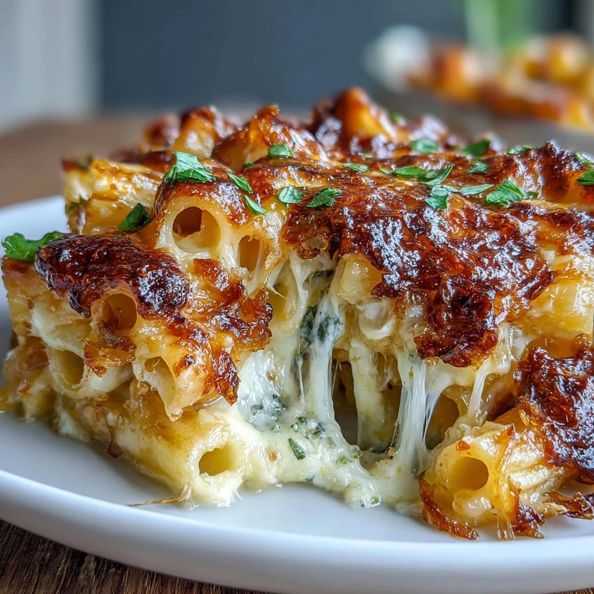 Golden French Onion Soup Pasta Bake featuring tender pasta, sweet caramelized onions, and a rich cheesy sauce baked to perfection.