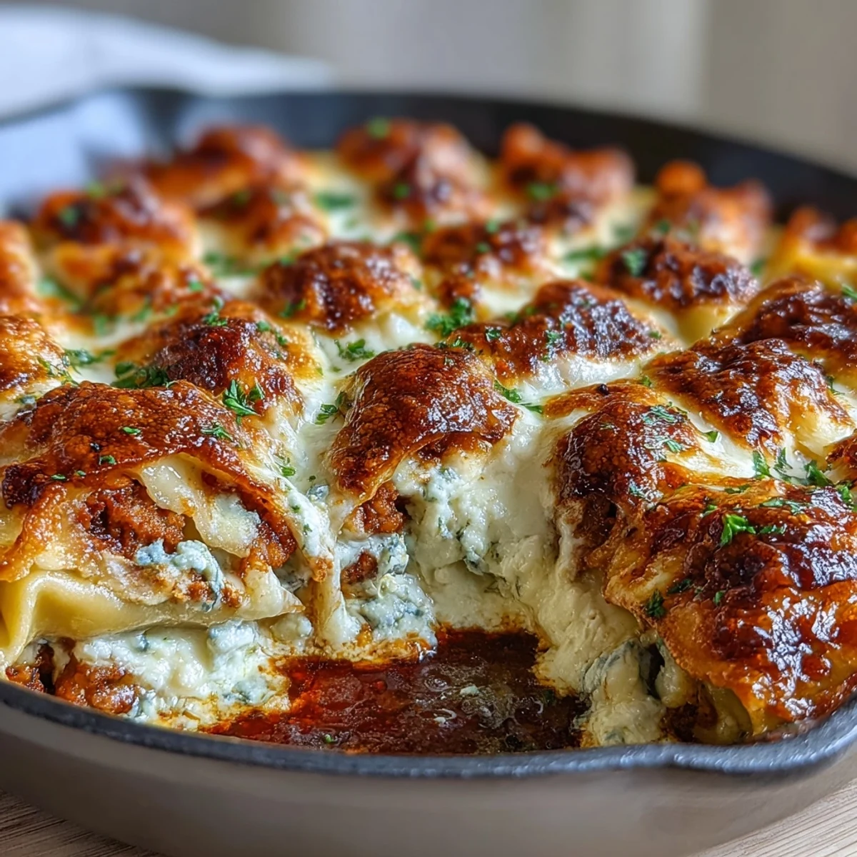 Hearty dumpling lasagna skillet with ground turkey, cabbage, and gooey cheese layers in a savory tomato sauce.  