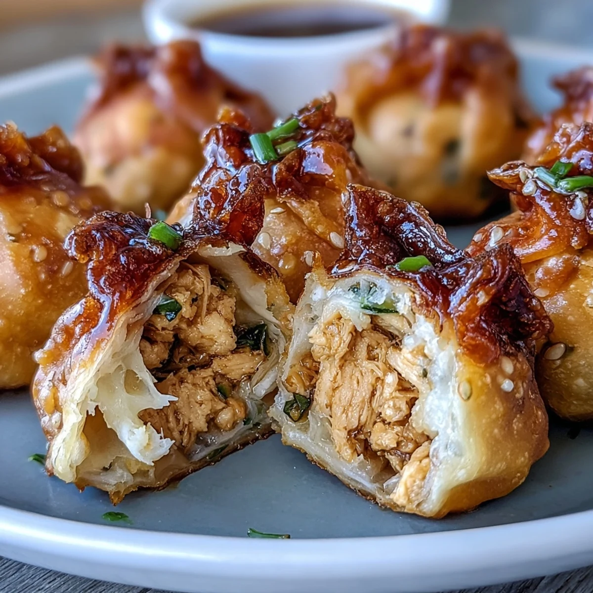 Golden pan-fried chicken and veggie rice paper dumpling bites served with a savory dipping sauce.