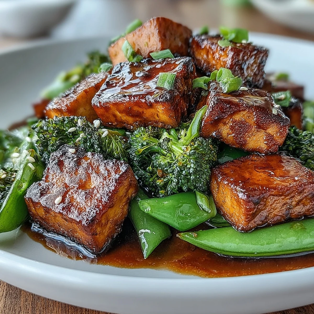 Vibrant teriyaki tofu stir-fry with crispy tofu, broccoli, and snap peas in a glossy homemade sauce.  