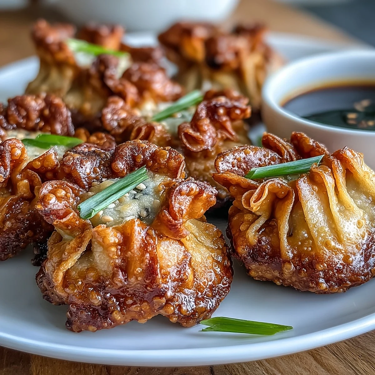 Golden air-fried dumplings with savory filling, served alongside a tangy soy ginger dipping sauce for a crispy, flavorful appetizer.  