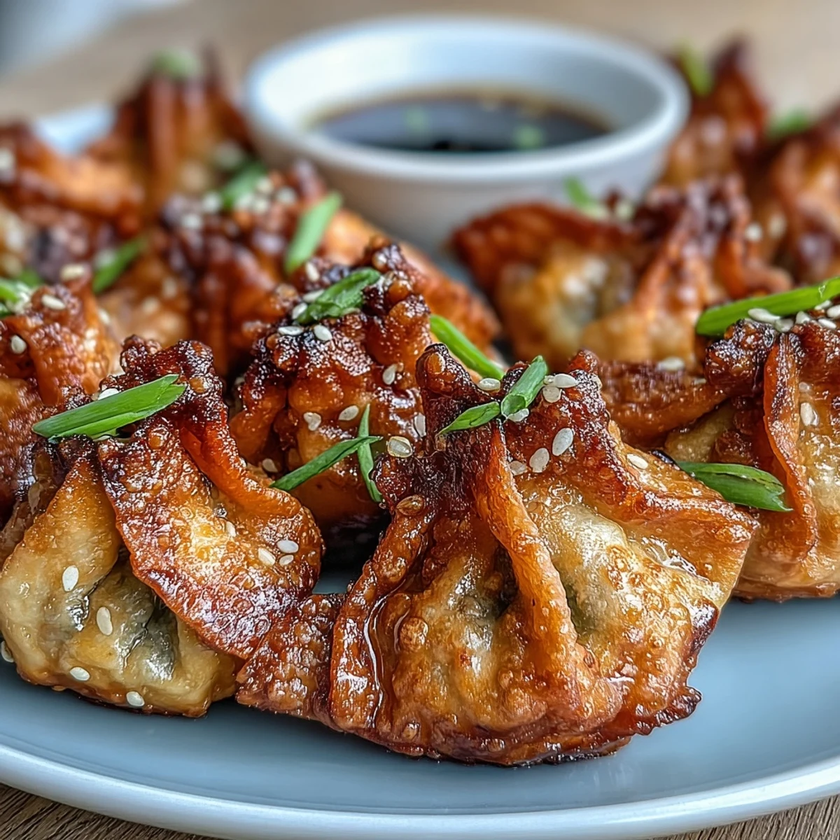 Crispy, golden-brown dumplings fresh from the air fryer, paired with an aromatic soy ginger dipping sauce bursting with flavor.  