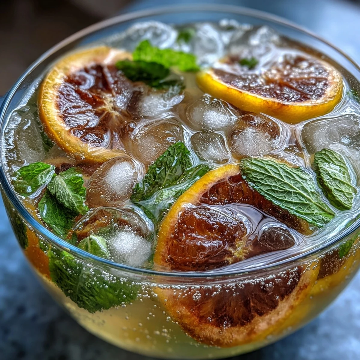 Sparkling Citrus Punch with Orange and Lemon Slices in a festive punch bowl, garnished with fresh mint leaves and ice cubes.