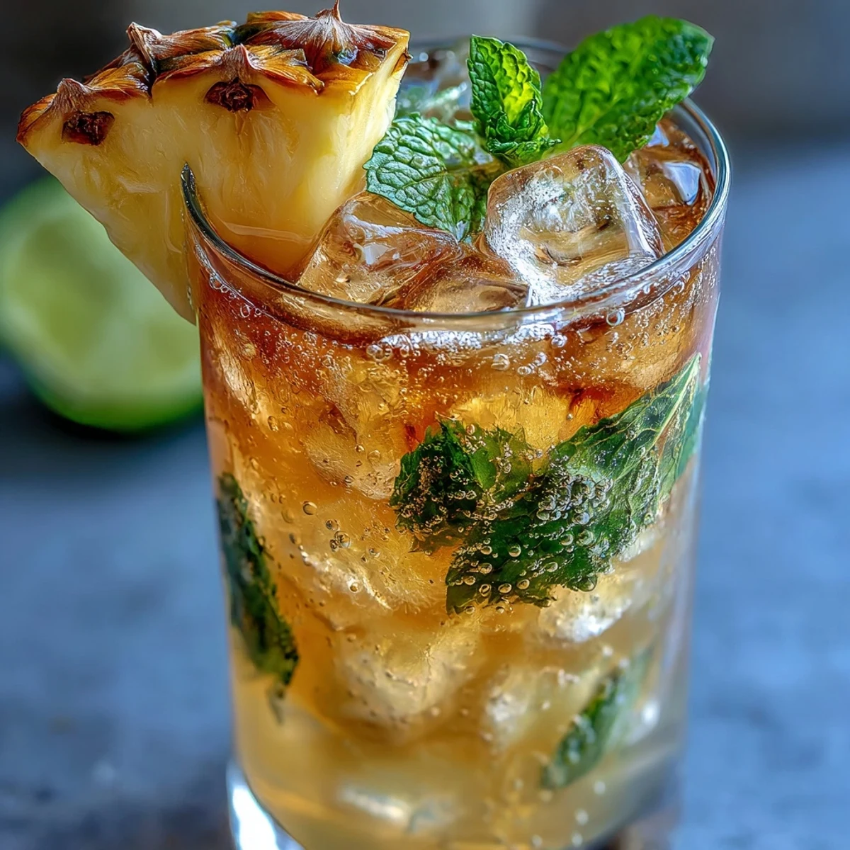 A refreshing pineapple ginger fizz drink with sparkling water, garnished with fresh mint and lime slices.  