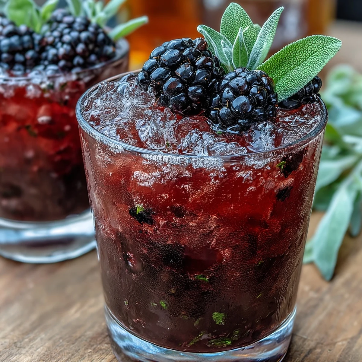 A vibrant Blackberry Sage Mocktail with crushed ice, featuring muddled berries and aromatic sage leaves for a refreshing summer sip.